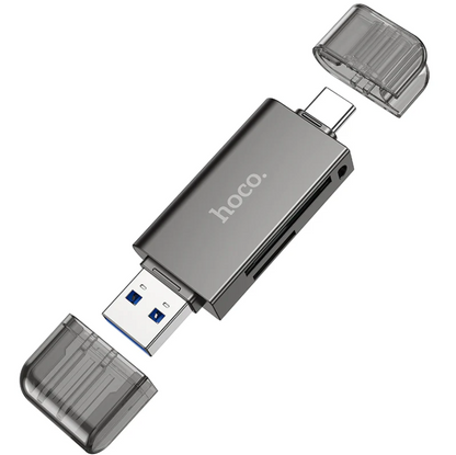 Techplus Hoco USB 3.0 Memory Card Reader with USB-A and USB-C dual plugs, compact and portable for easy data transfer.