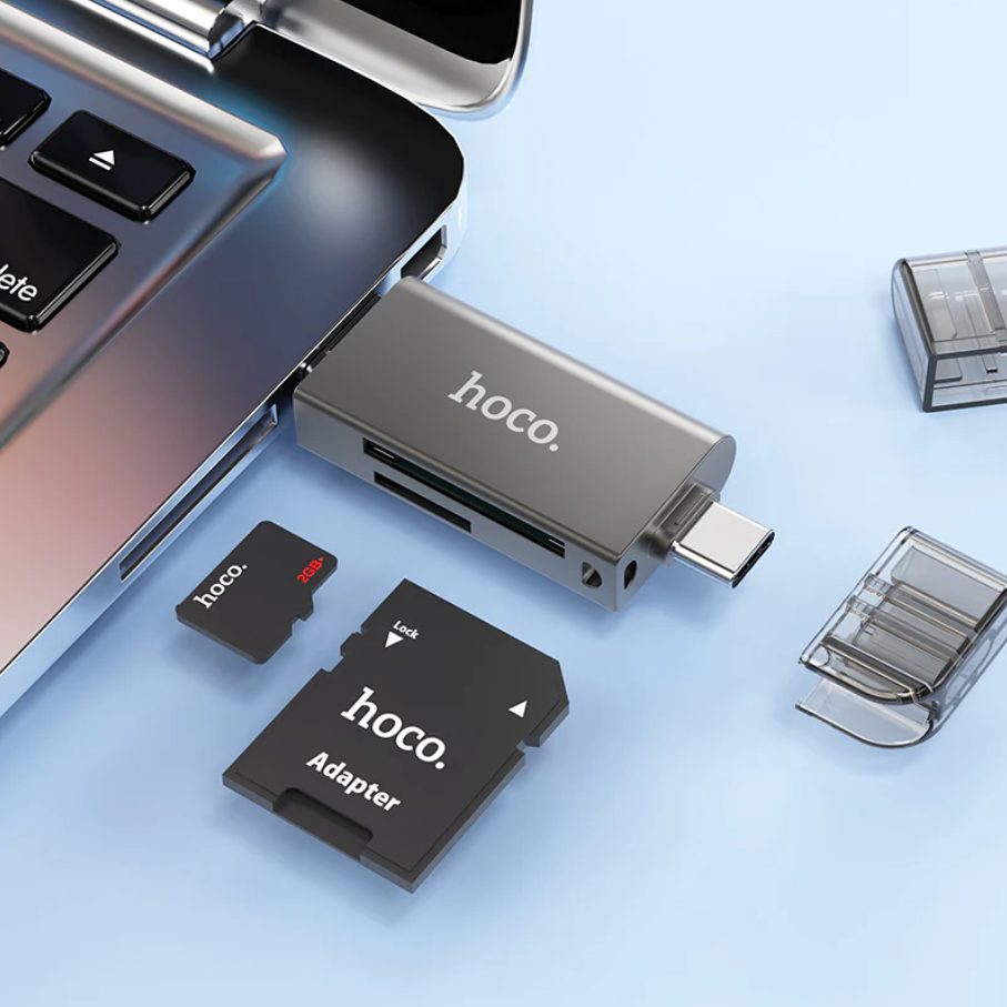 Techplus Hoco USB 3.0 memory card reader with USB-A and USB-C dual plug, shown connected to devices in the image.