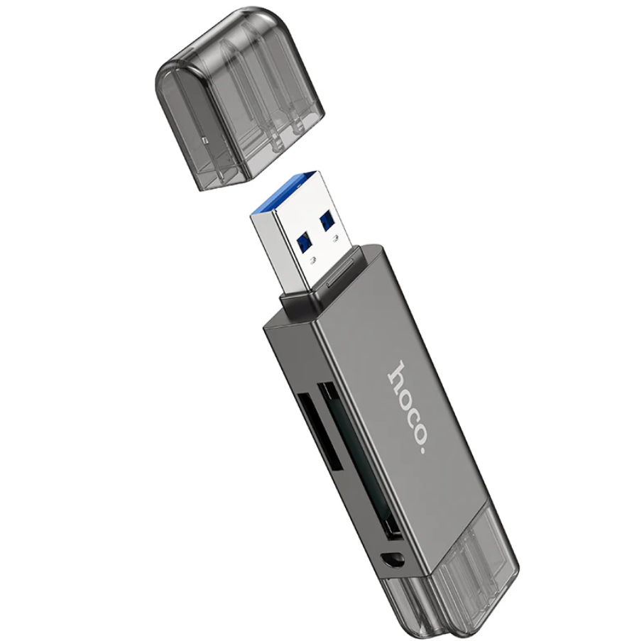 Techplus Hoco USB 3.0 Memory Card Reader with USB-A and USB-C dual plugs, shown connected to a computer.