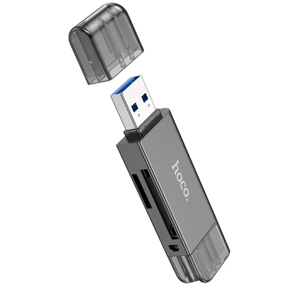 Techplus Hoco USB 3.0 Memory Card Reader with USB-A and USB-C dual plugs, shown connected to a computer.
