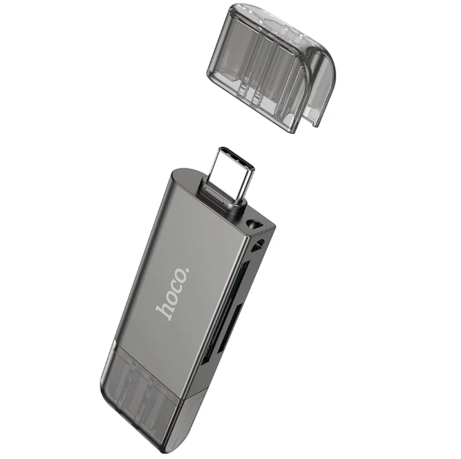 Techplus Hoco USB 3.0 Memory Card Reader with USB-A and USB-C dual plug for quick data transfer and easy card access.