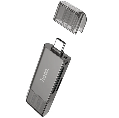 Techplus Hoco USB 3.0 Memory Card Reader with USB-A and USB-C dual plug for quick data transfer and easy card access.