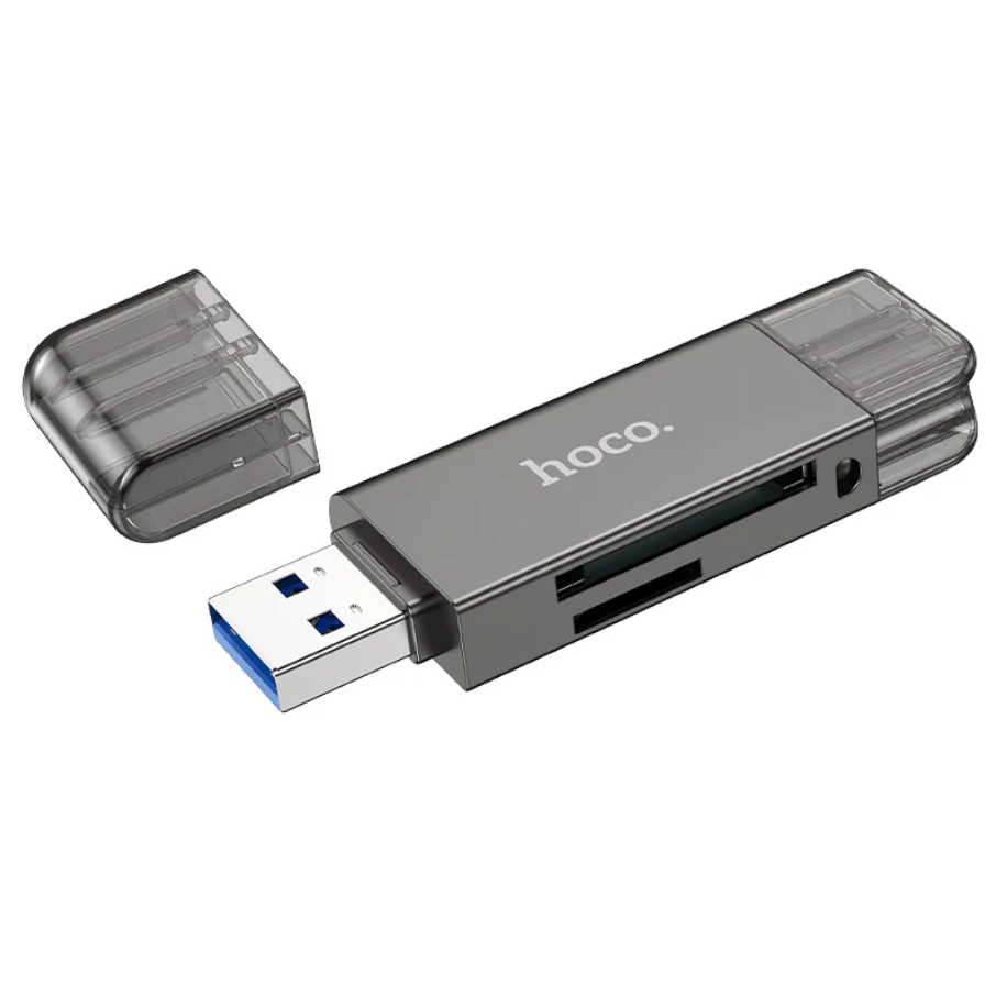 Techplus Hoco USB 3.0 Memory Card Reader with USB-A and USB-C dual plugs, showing the sleek device with card slots and connectors