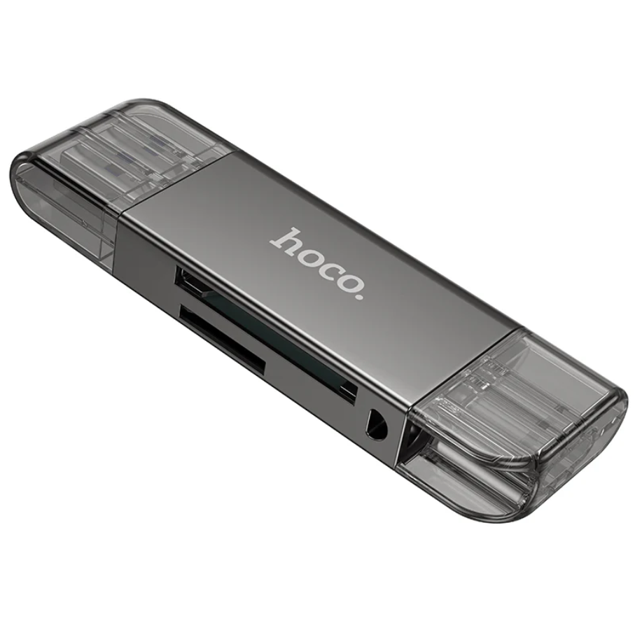 Techplus Hoco USB 3.0 Memory Card Reader with USB-A and USB-C dual plugs, shown connected and ready for use.