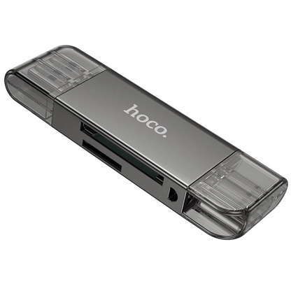 Techplus Hoco USB 3.0 Memory Card Reader with USB-A and USB-C dual plugs, shown connected and ready for use.