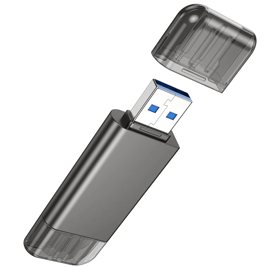 Techplus Hoco USB 3.0 Memory Card Reader with USB-A and USB-C dual plug, compact device for quick data transfer.