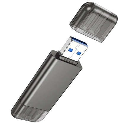 Techplus Hoco USB 3.0 Memory Card Reader with USB-A and USB-C dual plug, compact device for quick data transfer.