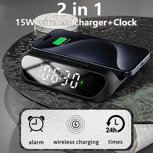 2-in-1 Multifunctional Wireless Charger with Alarm Clock 15W Fast Charging Stand - ShopHub