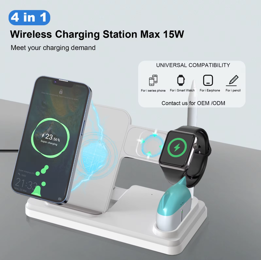 4-in-1 Wireless Charging Station 15W Fast Wireless Charger Stand for i-Series Devices