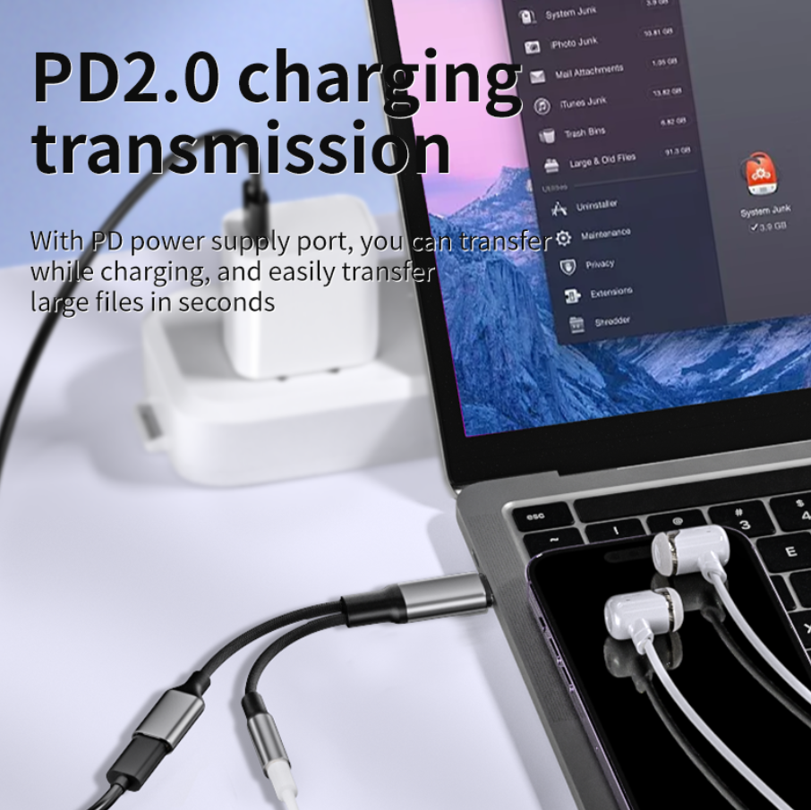 Dual-Port USB-C Adapter Cable with PD Fast Charging & 2-in-1 Type-C Audio Support