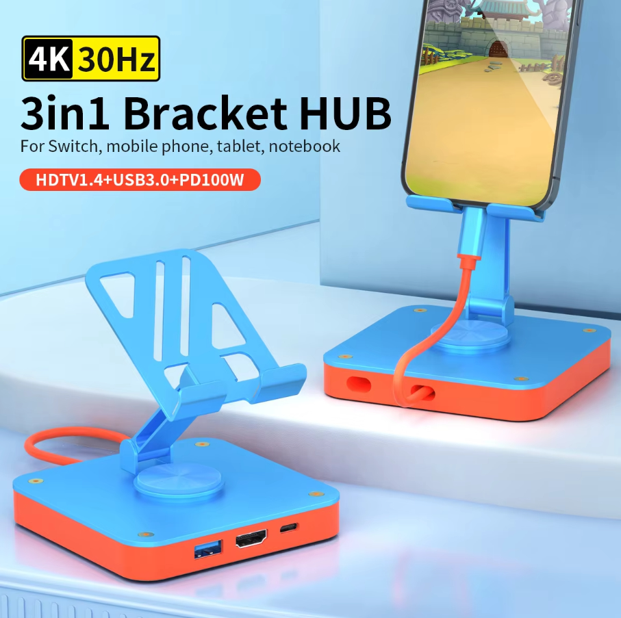 Adjustable 3-in-1 Nintendo Switch Stand USB-C Hub with 4K HDMI & 100W PD Charging - ShopHub