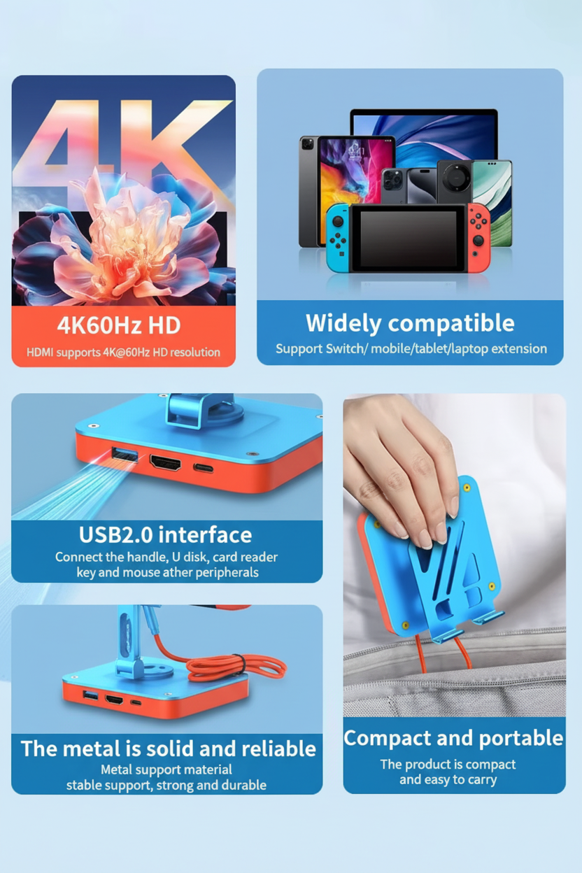 Adjustable 3-in-1 Nintendo Switch Stand USB-C Hub with 4K HDMI & 100W PD Charging - ShopHub