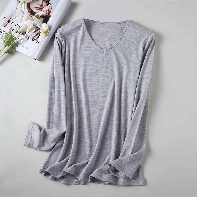 Women's V-Neck Merino Wool Thermal Base Layer - Slim Fit Long Sleeve | Winter Layering