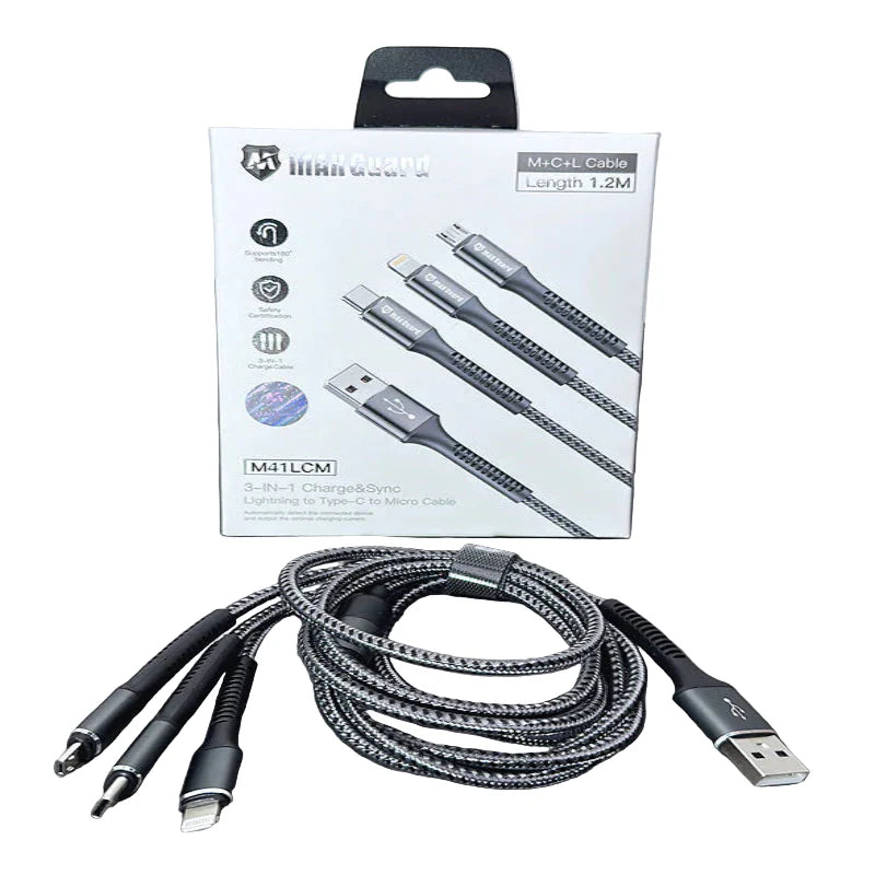9eight5 Maxguard 1.2M M+C+L electronic cable with connectors, showcasing the durable cable and connector ends.