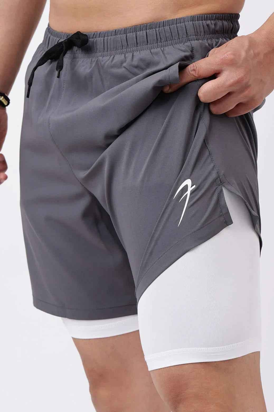 2 in 1 Compression Shorts Grey with White