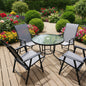 Round glass table with four matching chairs for a stylish dining setup, featuring clear glass and modern design from dealonline.co.nz.