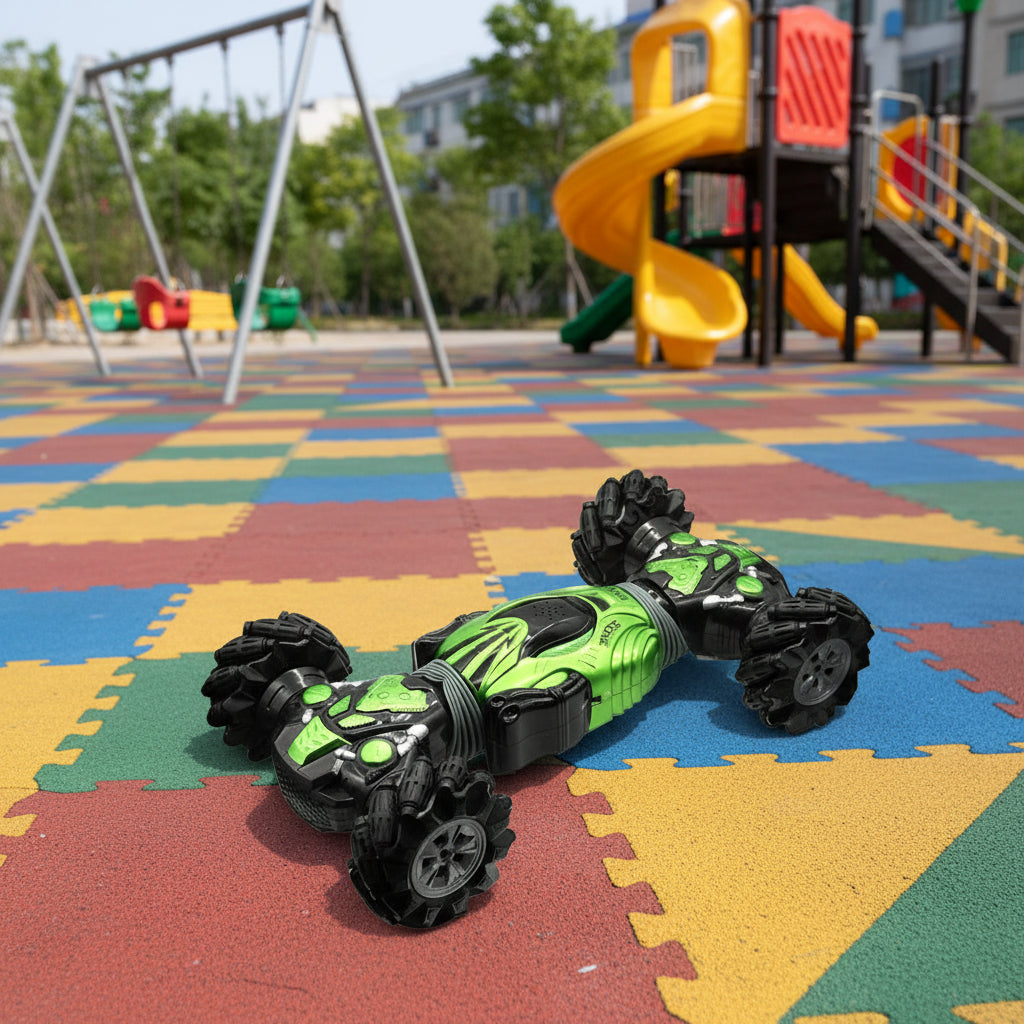 Black 4WD remote control stunt car from dealonlinenz with transforming design, showing the car in action with colorful lights.