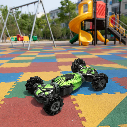 Black 4WD remote control stunt car from dealonlinenz with transforming design, showing the car in action with colorful lights.
