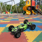 Black 4WD remote control stunt car from dealonlinenz with transforming design, showing the car in action with colorful lights.