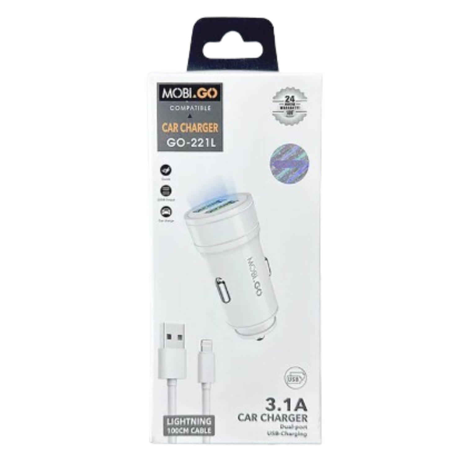 Mobigo Dual USB Car Charger With Lightning Cable GO221L 9eight5