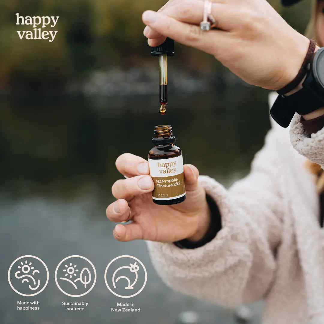 Bottle of Happy Valley Honey NZ Propolis Tincture 25% with dropper cap, showcasing the dark amber liquid inside