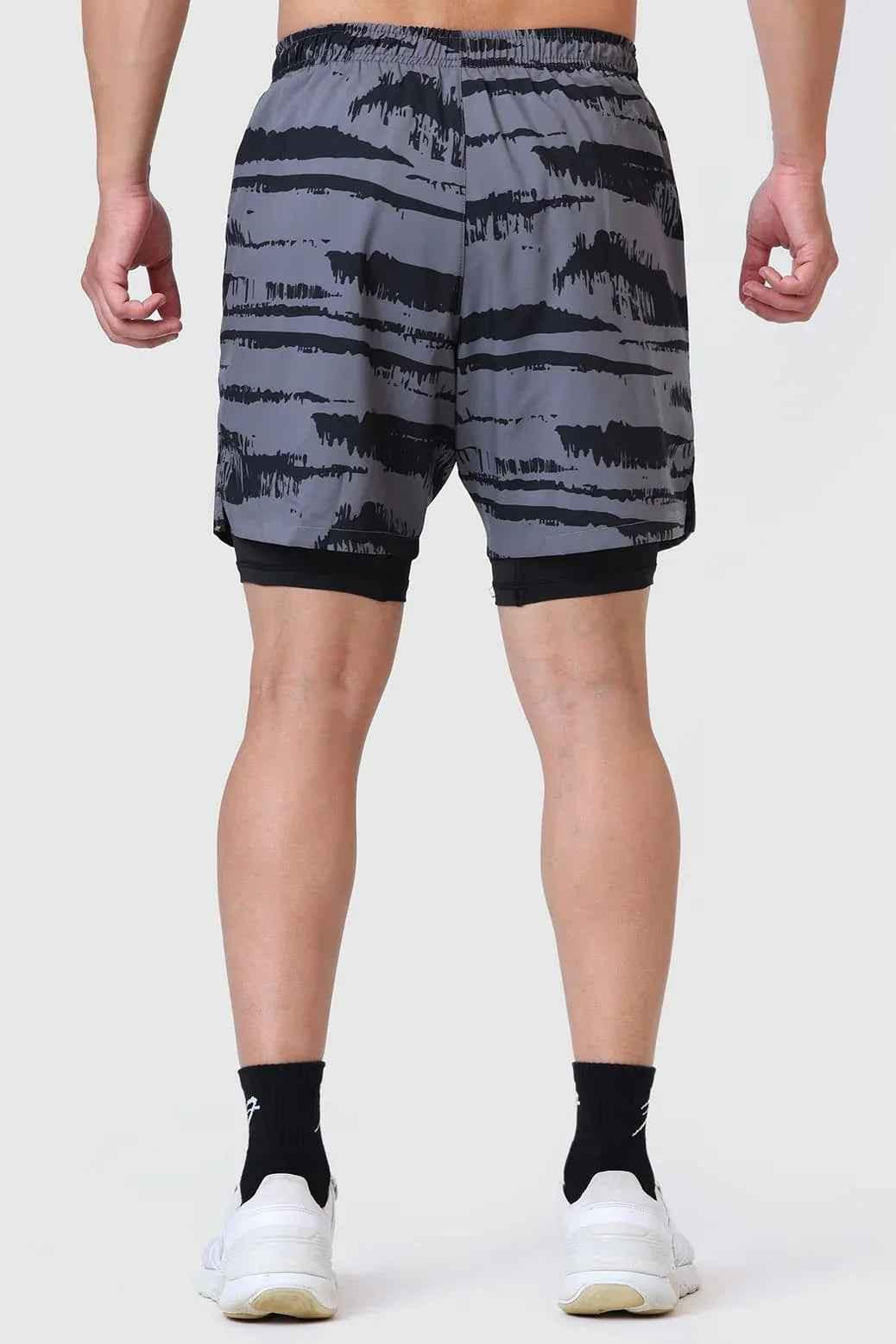 2 in 1 Printed Compression Shorts Gold Grey