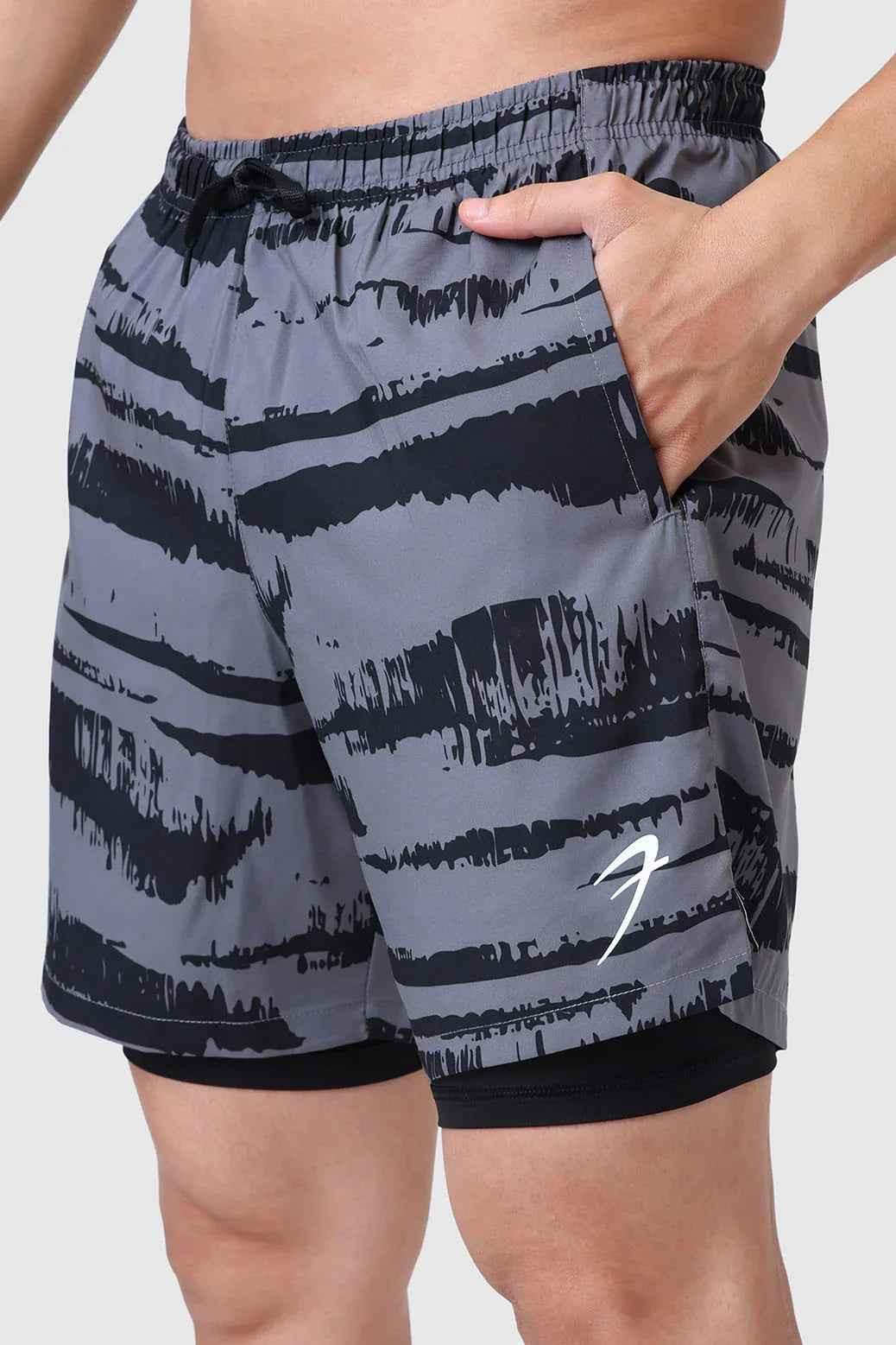 2 in 1 Printed Compression Shorts Gold Grey