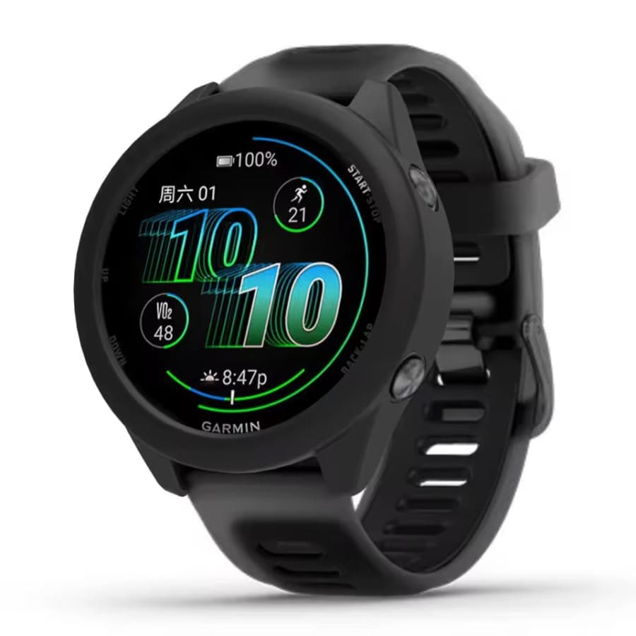 Black protective watch case for Garmin Forerunner 570 (47mm) showing snug fit and durable material.