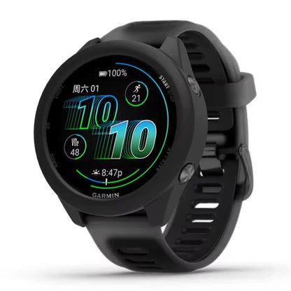 Black protective watch case for Garmin Forerunner 570 (47mm) showing snug fit and durable material.