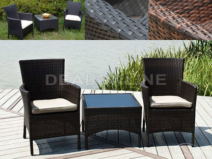 Black 3-piece patio set with PE/PVC rattan chairs and a side table, featuring modern design and comfortable seating.