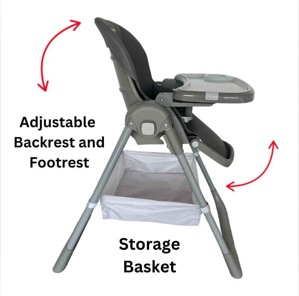 Elevate Adjustable and Folding High Chair with Locking Wheels and Storage Basket - GREY