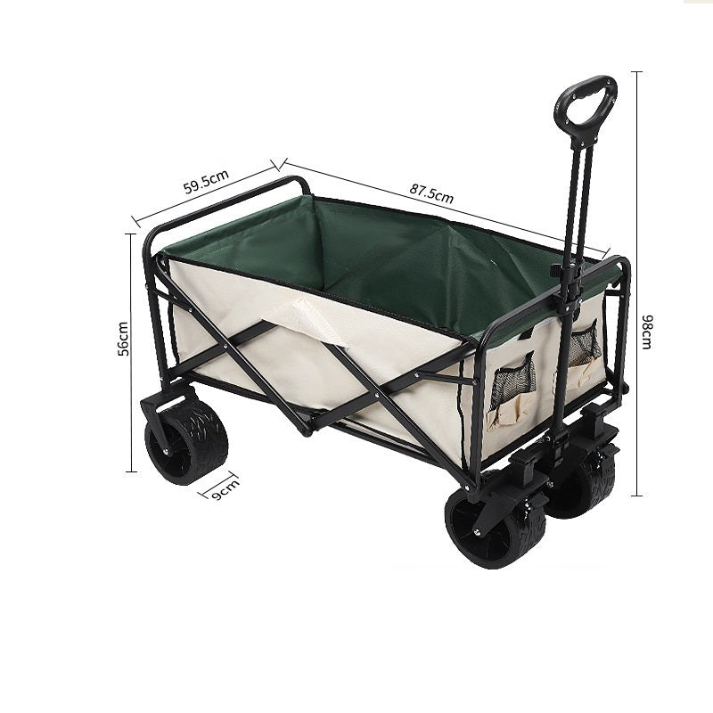 Foldable Outdoor Trolley Picnic Camping Cart 360° Rotating Wheels - Beige&Green dealonline.co.nz