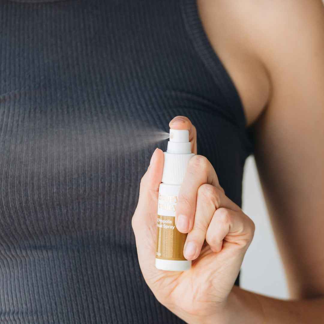 NZ Propolis Throat Spray by Happy Valley Honey, featuring a clear spray bottle with golden liquid and natural propolis ingredients.