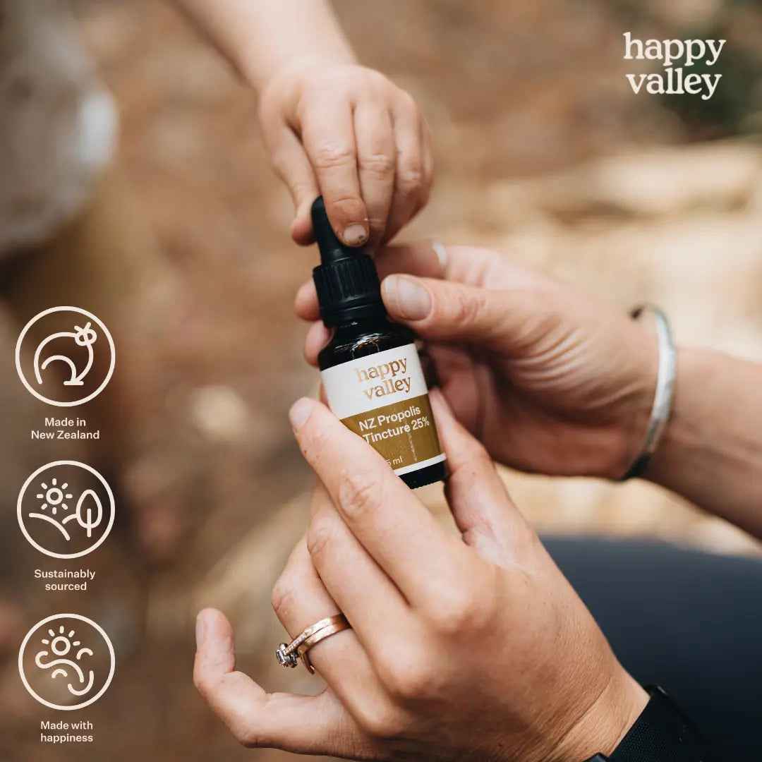 Bottle of Happy Valley Honey NZ Propolis Tincture 25% with dropper cap, shown against a neutral background.