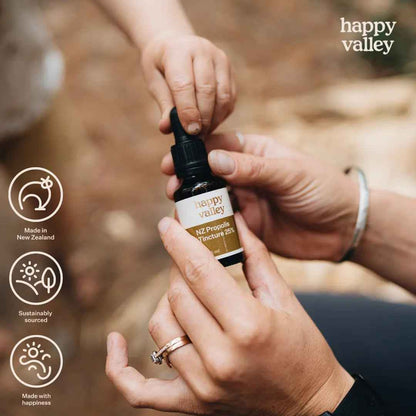 Bottle of Happy Valley Honey NZ Propolis Tincture 25% with dropper cap, shown against a neutral background.