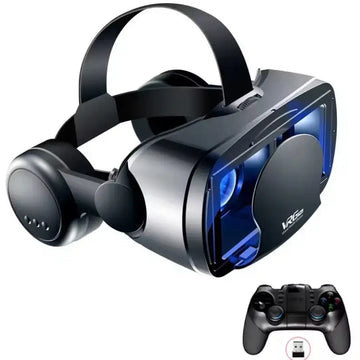 Habicare 3D VR headset with built-in headphones and controller, shown with box and remote for immersive virtual reality.