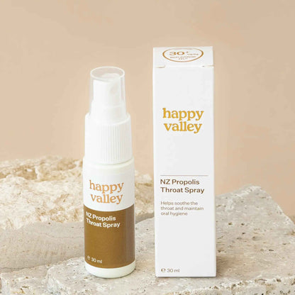 Happy Valley Honey NZ Propolis Throat Spray bottle with label and spray nozzle, natural remedy for sore throat relief.