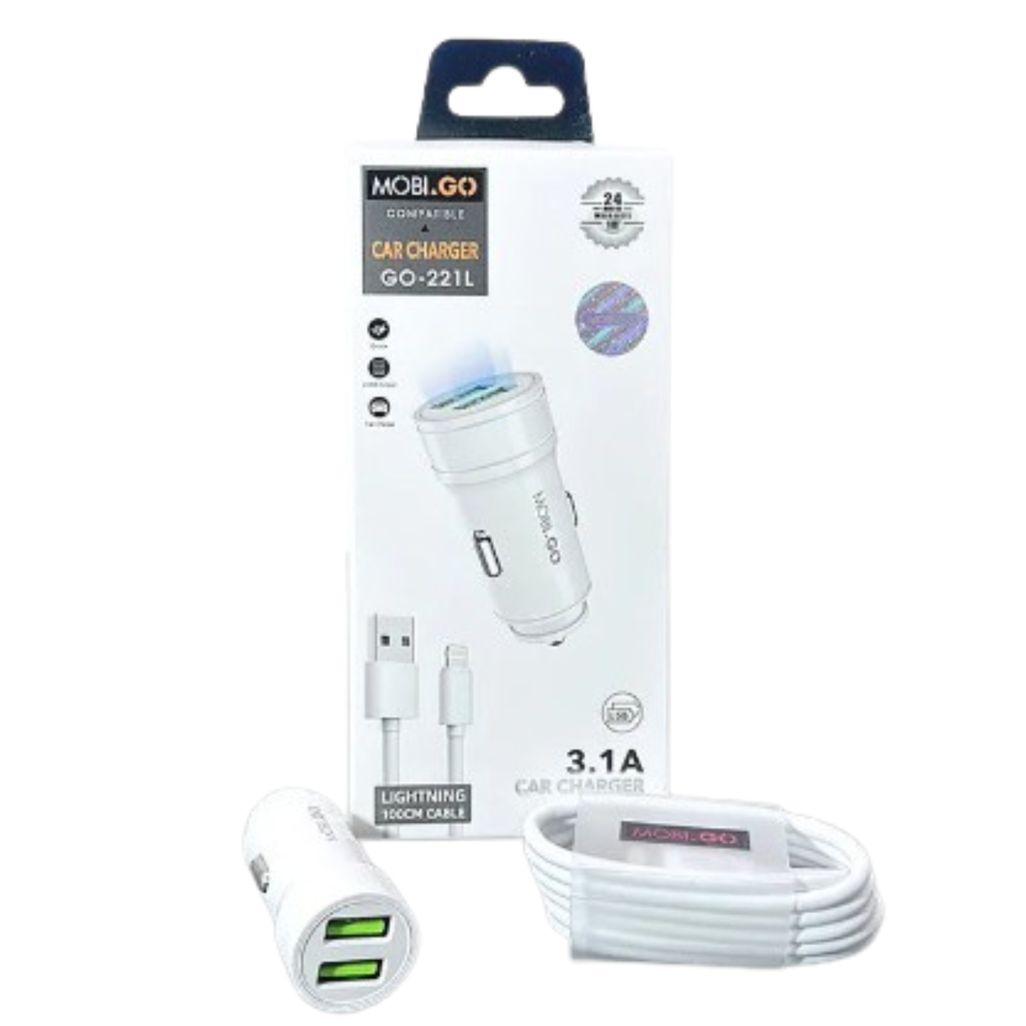 Mobigo Dual USB Car Charger With Lightning Cable GO221L 9eight5