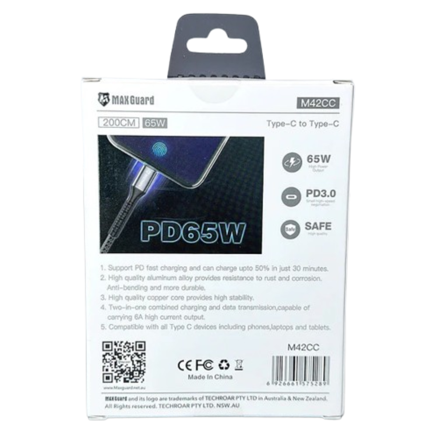 Maxguard 2m 65W Type-C to C cable M42CC