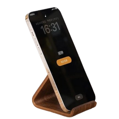 Wooden 9eight5 phone and business card holder by Habicare, featuring two design options, showcasing a sleek, natural wood finish.