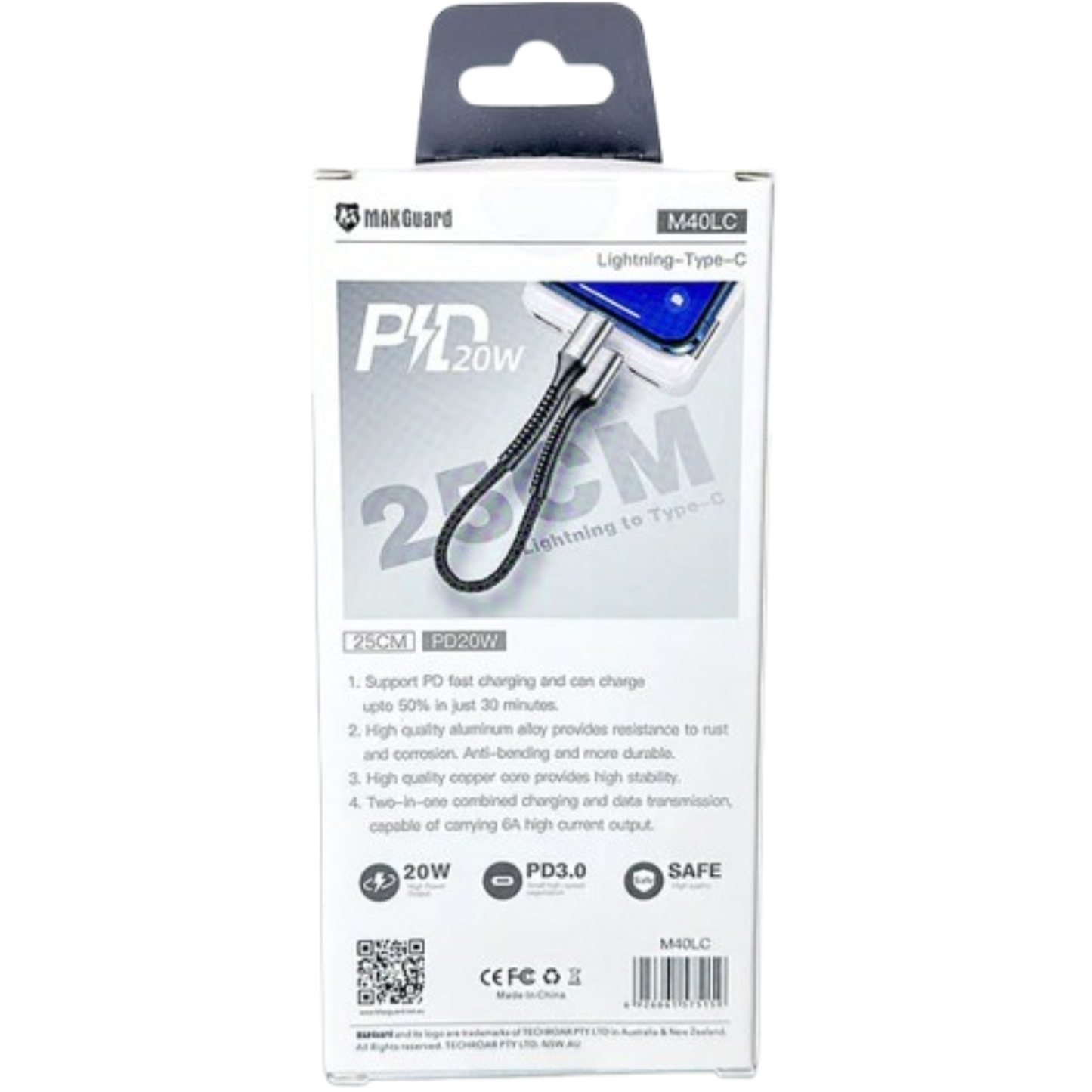 Maxguard 25cm 20W Type-C to Lightning cable M40LC