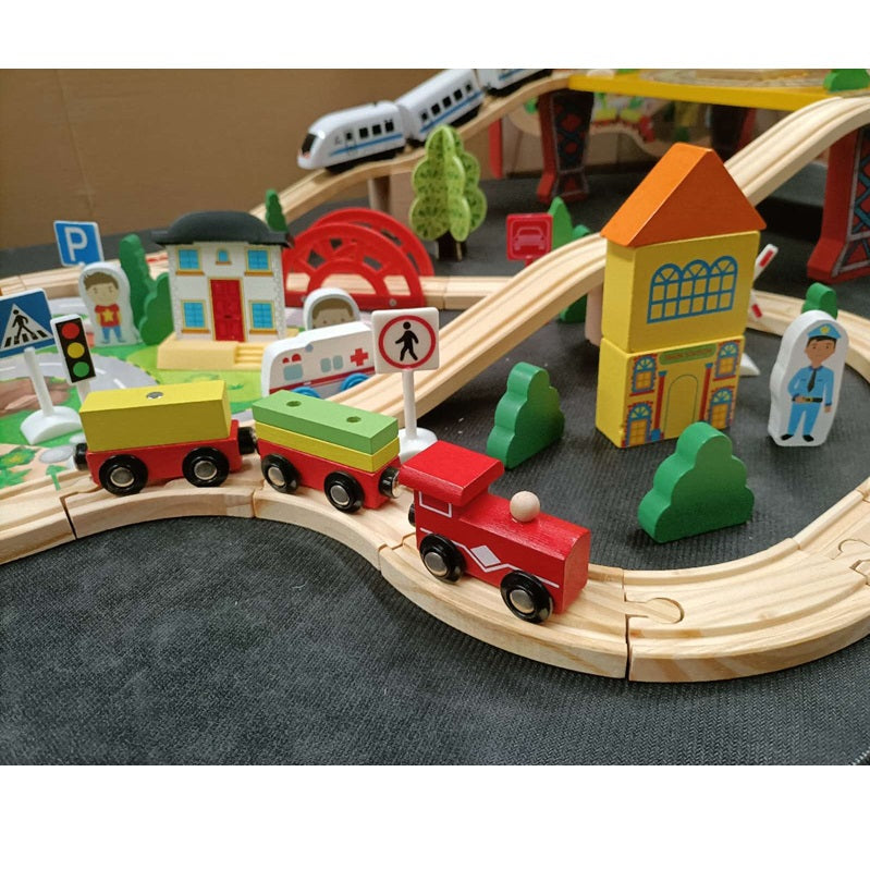 Wooden railway track toy set with manual control cars, 78-piece dealonlinenz educational wooden train set for kids.