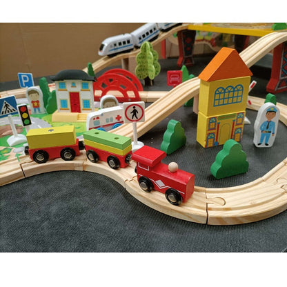 Wooden railway track toy set with manual control cars, 78-piece dealonlinenz educational wooden train set for kids.