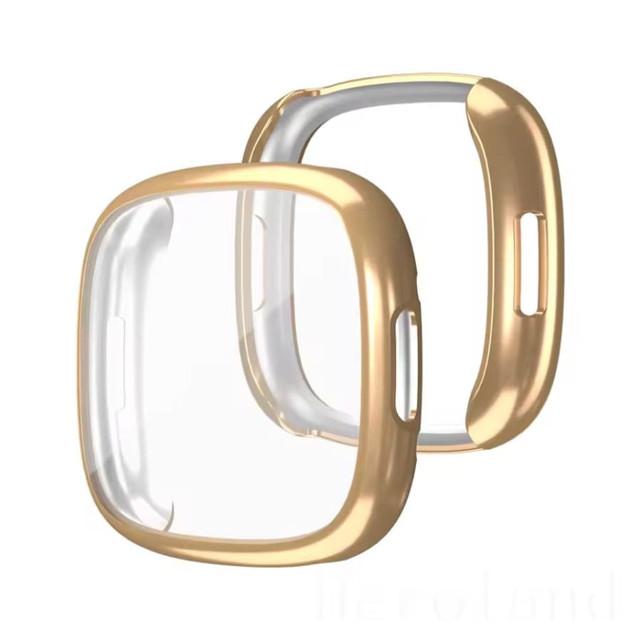 Gold protective watch case for Fitbit Versa 4, designed by That Watch Shop, showing a slim, durable cover on the smartwatch.