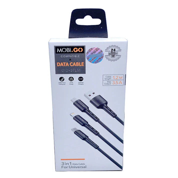 9eight5 Mobigo 1.2m 3-in-1 cable for electronics accessories, featuring multiple connectors for versatile device charging and syncing.