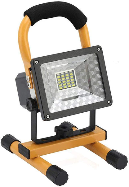 Rechargeable portable LED work light with stand, 24 LEDs, 30W, waterproof, ideal for work sites and outdoor use.