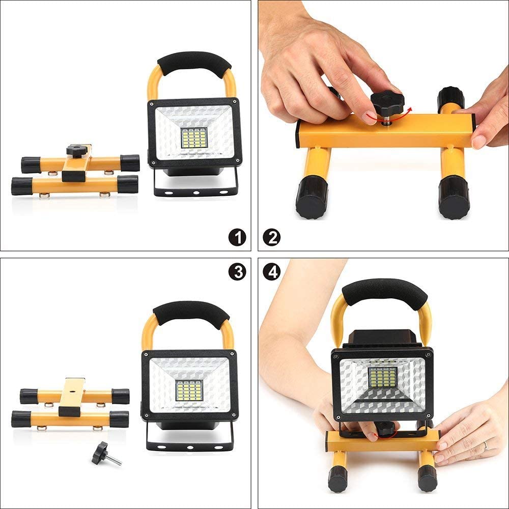 Rechargeable portable LED work light with stand, 30 LEDs, 50W, water-resistant, ideal for work sites and outdoor use.