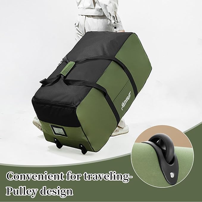 Large ECOTREK 120L waterproof travel storage bag with wheels, durable fabric, and sturdy handles for easy transport.