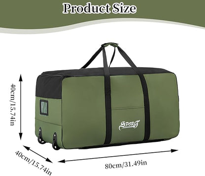 Large 120L waterproof travel storage bag with wheels by ECOTREK, shown with sturdy handles and durable material for travel.
