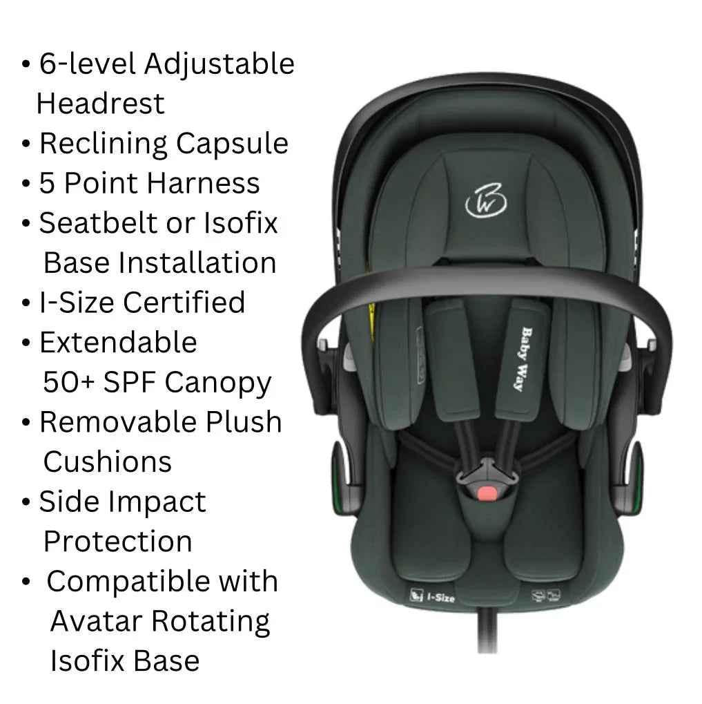Crown i-Size Capsule Car Seat – Reclining Capsule with 6-Level Adjustable Headrest - Olive